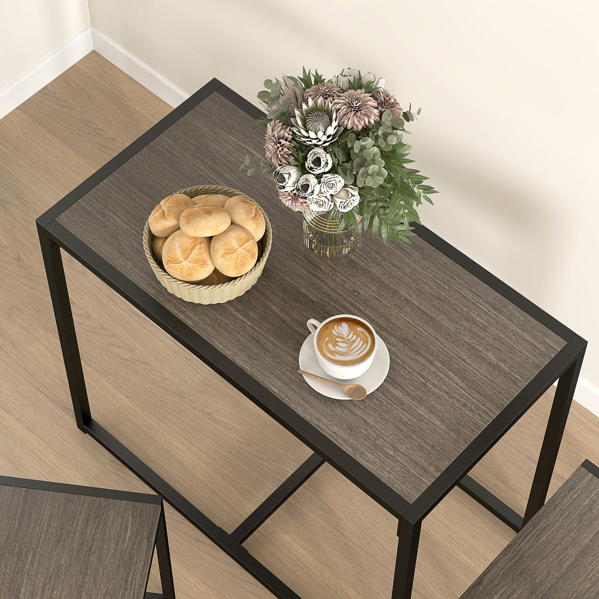 HOMCOM 3 Piece Dining Table Set with Metal Frame Grey Wood-Effect