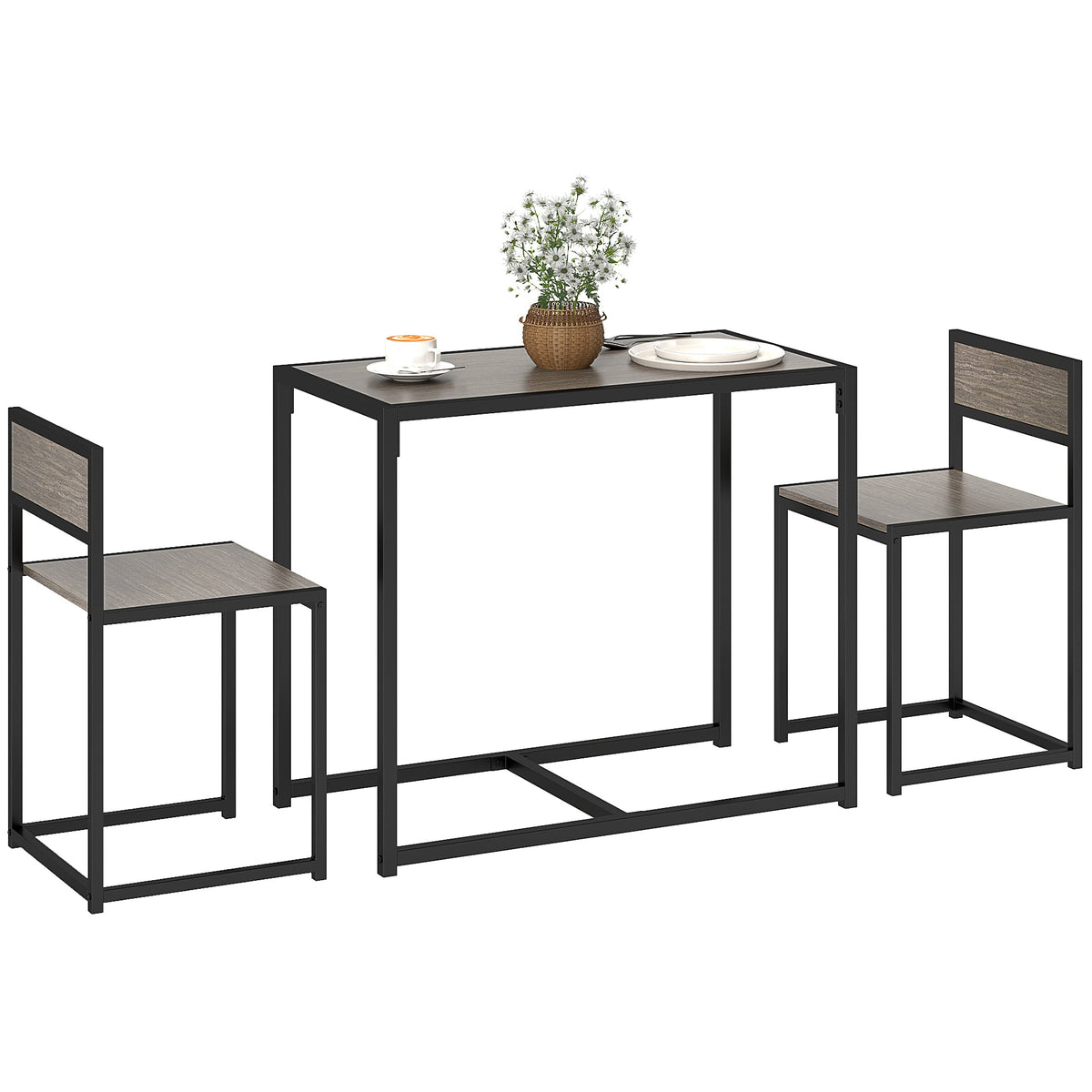 HOMCOM 3 Piece Dining Table Set with Metal Frame Grey Wood-Effect