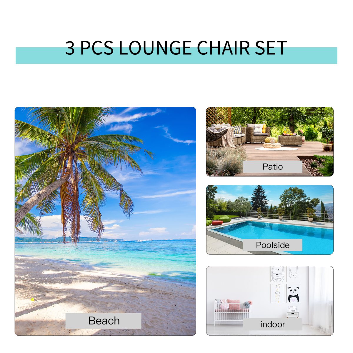 3 Pieces Lounge Chair Set Garden Sunbathing Chair w/ Table Cream Outsunny
