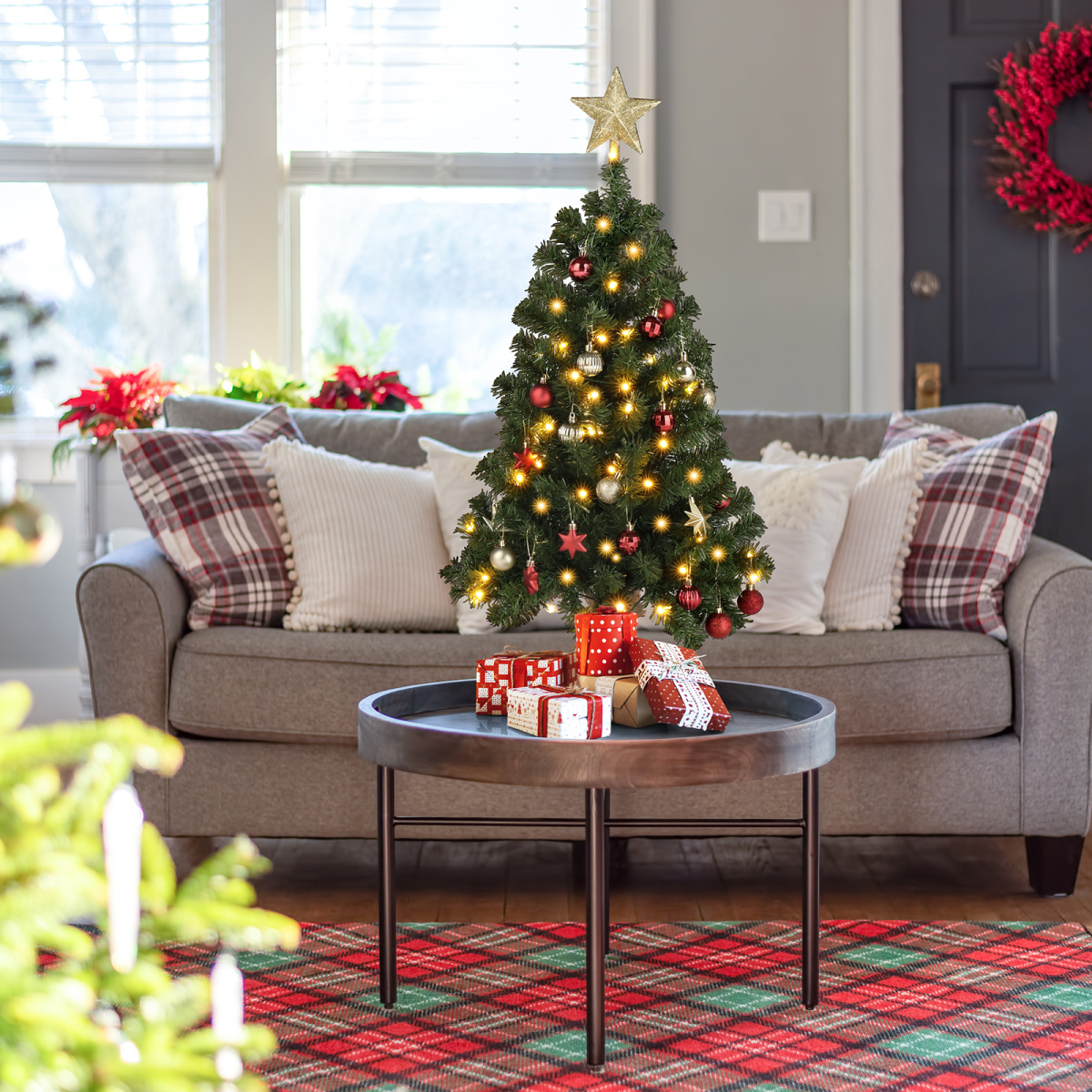 3ft 150 Branches PVC Material Top Stars Linen Base 100 Lights Warm Color 8 Mode Battery Switch Christmas Tree Green