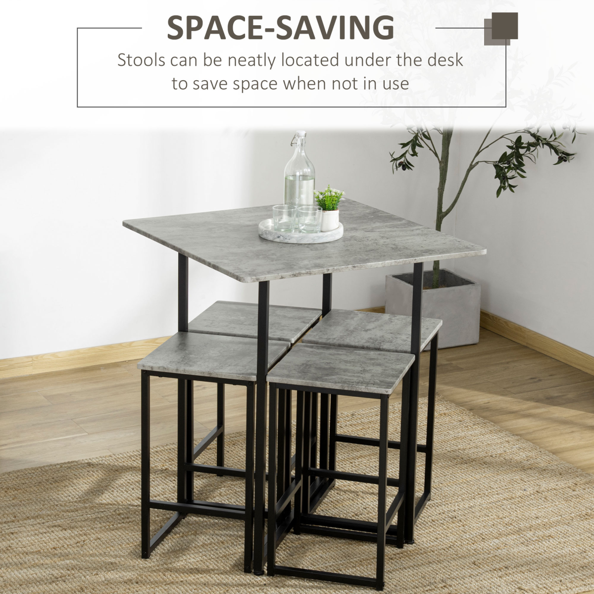 5pc Bar Table Set, Square Dining Table Set for 4 People,  Concrete Grey