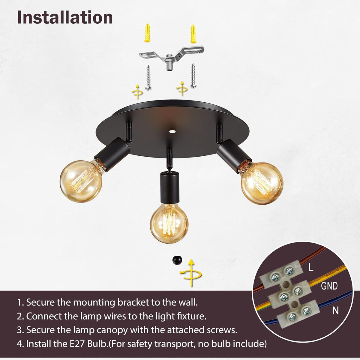 Lightsjoy 3-Way Rotatable Black Ceiling Spot Light – Vintage E27 Flush Mount
