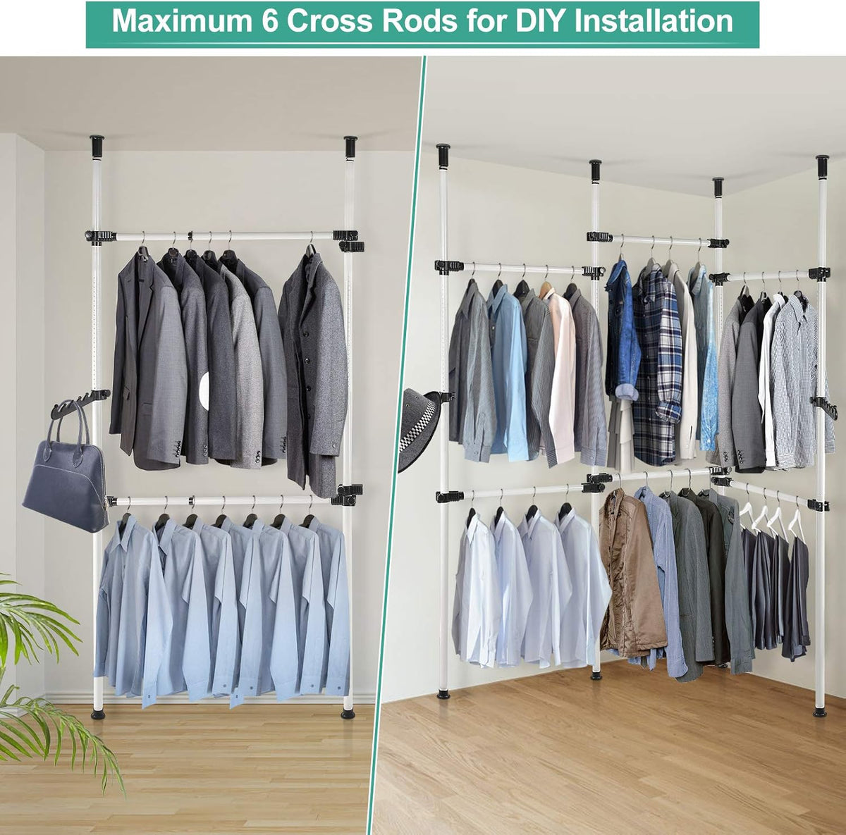 Telescopic Clothes Rack Heavy Duty Adjustable Rail with Hooks 8–10.8 ft