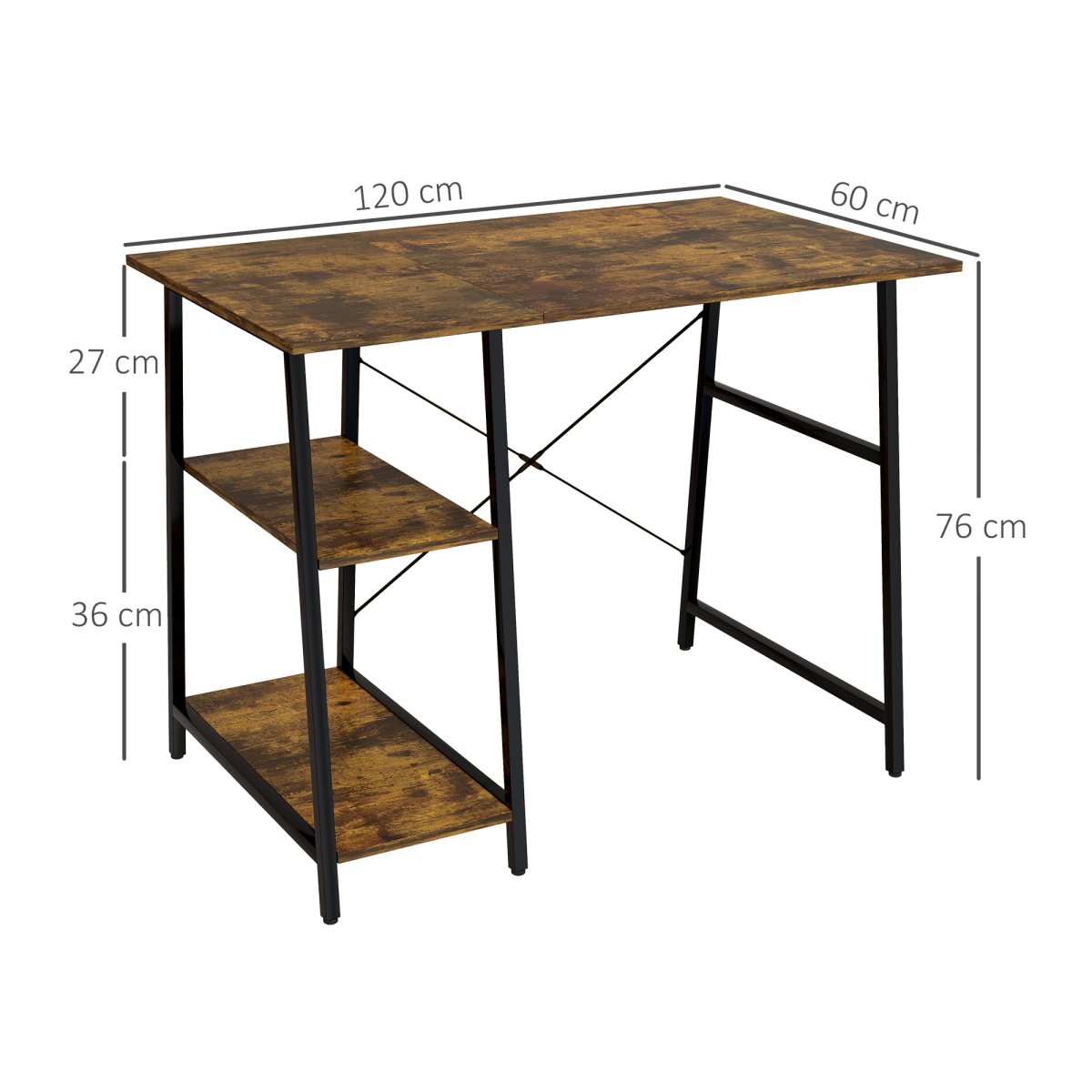 HOMCOM Computer Table Wor Desk with Shelves & Steel Frame, Rustic Brown