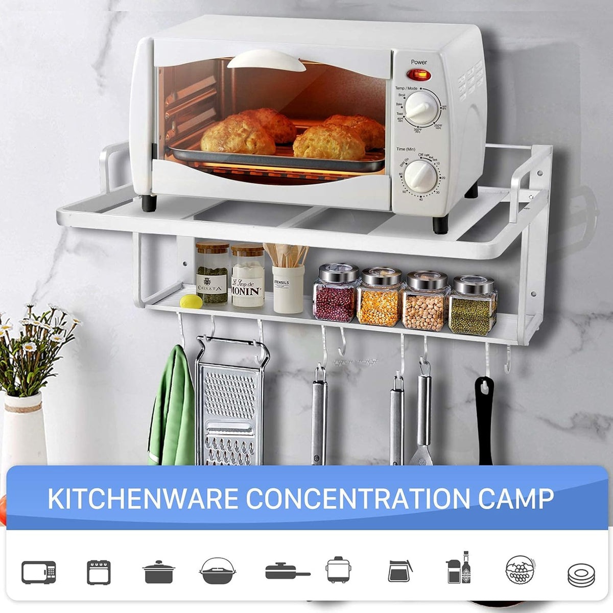 Wall Mounted Microwave Rack – 2-Tier Aluminum Shelf with Guard Rail 21.6in