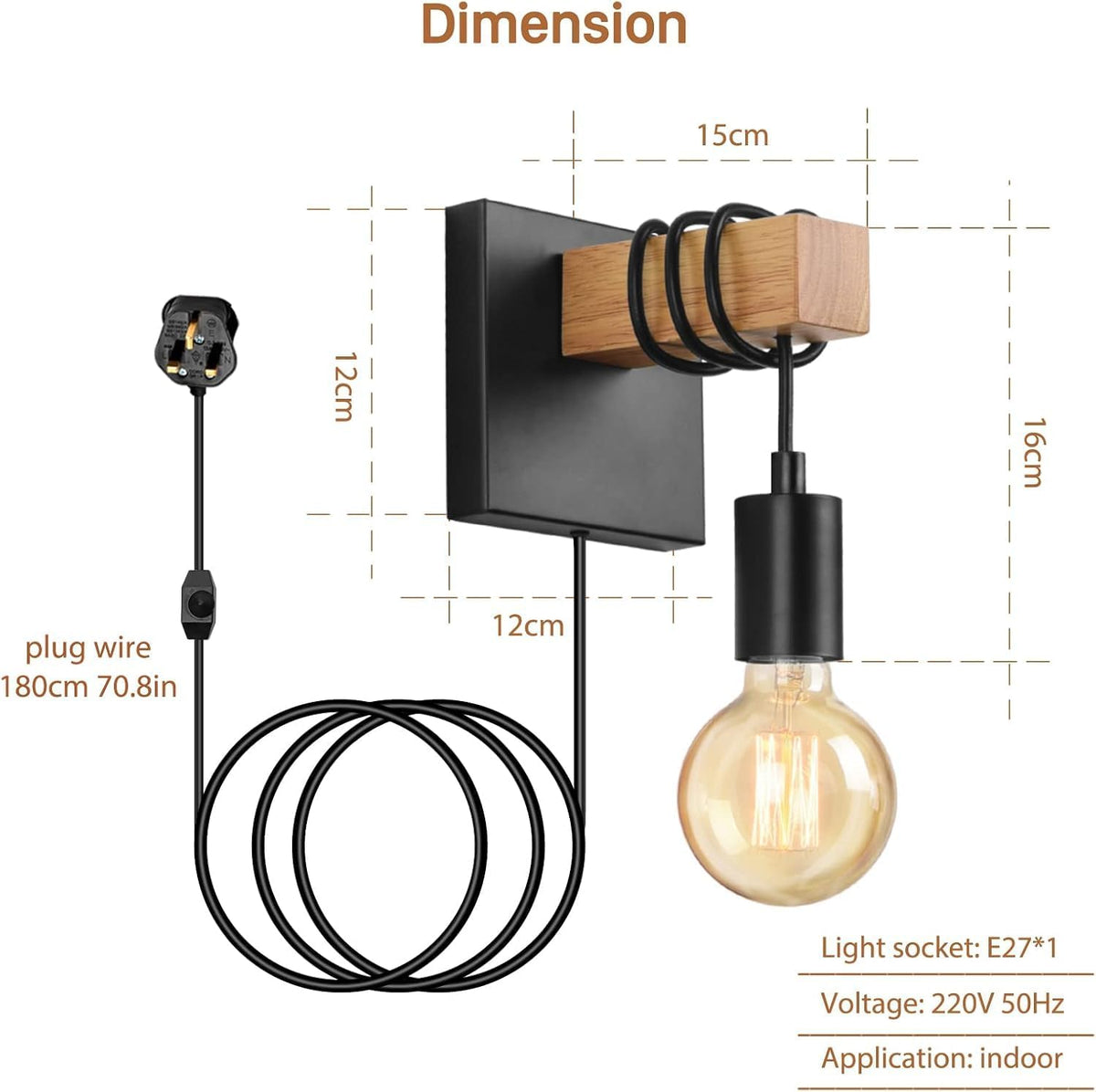 Lightess 2-Pack Plug-In Wall Lights – Dimmable Wood Sconces with Switch Black