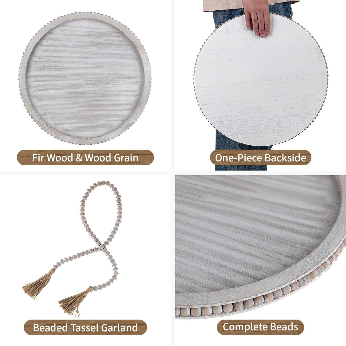 Round Decorative Wooden Tray 18 Inch Beaded Centerpiece Coffee Tray Boho HANOBE