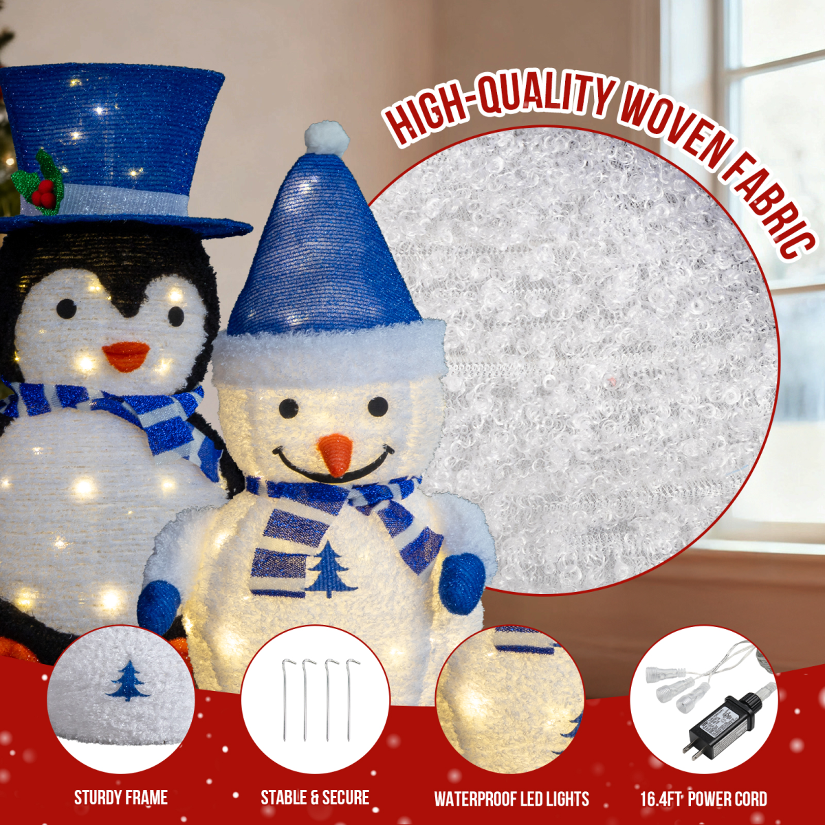 Set of 2 Lighted Plush Penguin and Snowman Christmas Decorations, Pre-lit Pull Up Holiday Decor with 100 Warm White LED Lights for Xmas Outdoor Indoor Decor Lighted Holiday Displays