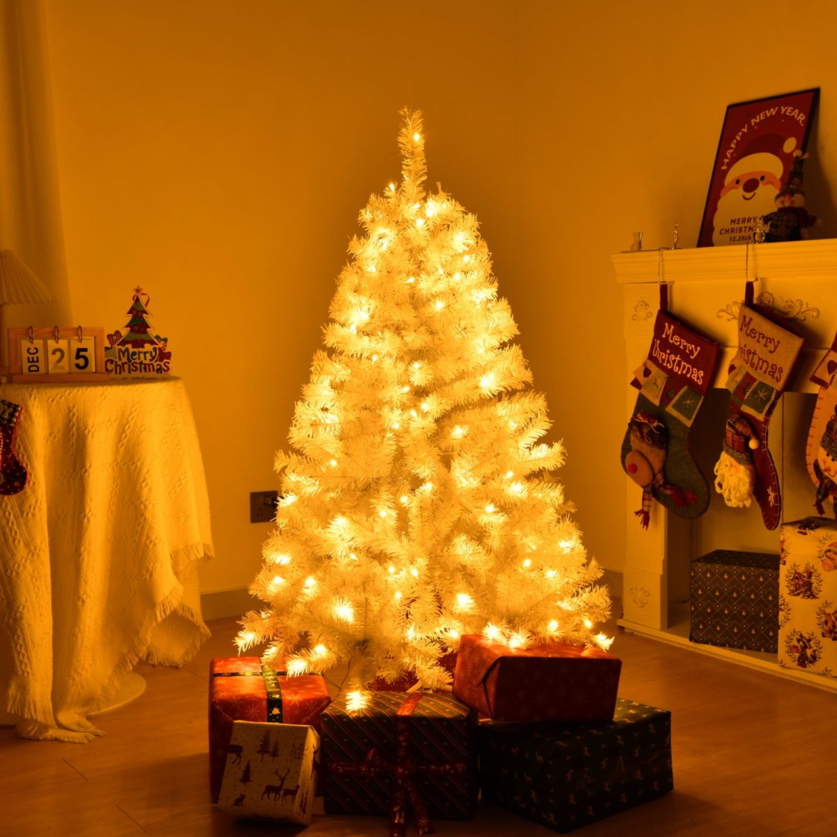 4 FT Pre-lit Artificial Christmas Tree, Hinged Xmas Pine Tree with 346 Branch Tips, 140 Lights and Remote Control for Holiday Party Office Home, White