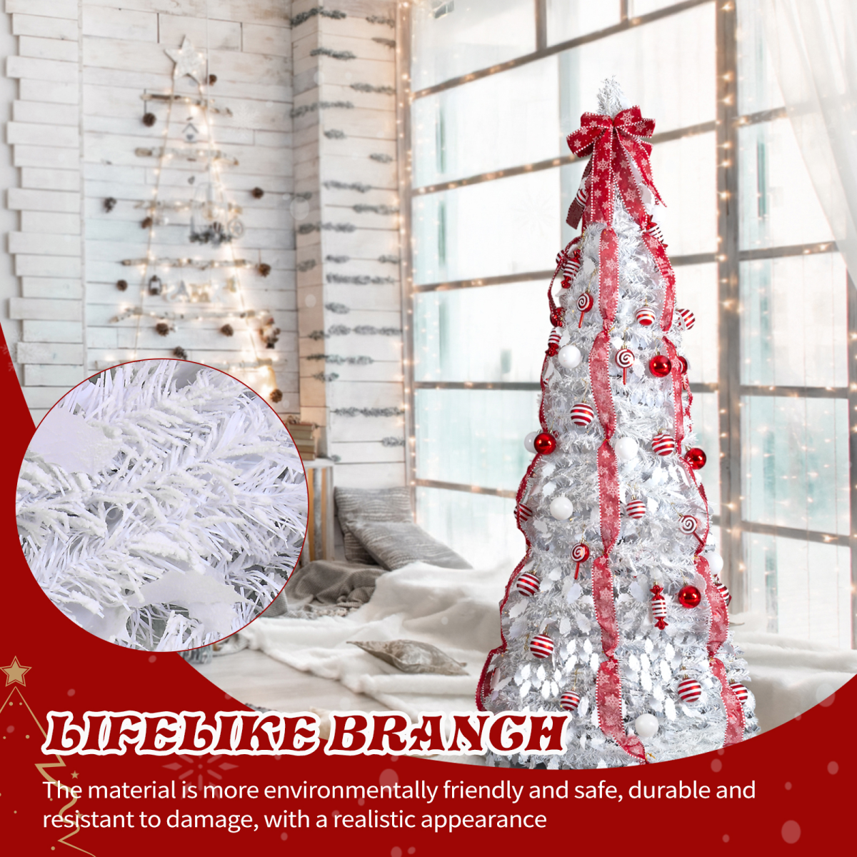 6 FT Fully Decorated Pre-lit Christmas Tree, Pop Up Artificial Xmas Tree with 100 Warm Lights and Red Ornaments for Home Office Store Holiday Deco, White