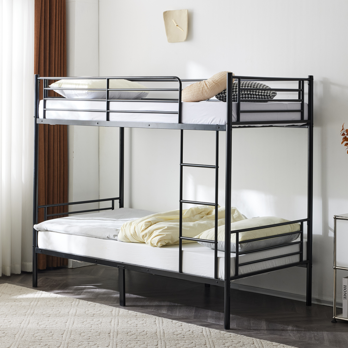 Twin Over Twin Bunk Bed for Kids Teens Adults, Heavy Duty Metal Bunk Bed with Ladder & Full-Length Guard Rail & Storage Space, Black