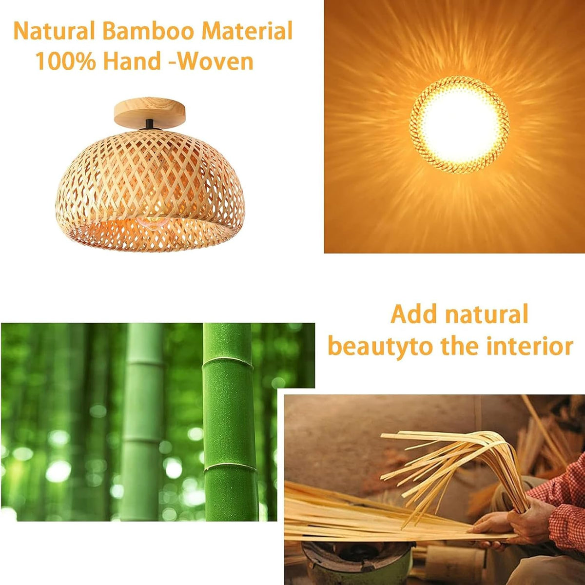 Bamboo Ceiling Light Rattan Semi Flush Mount Boho Farmhouse Lamp Schindora