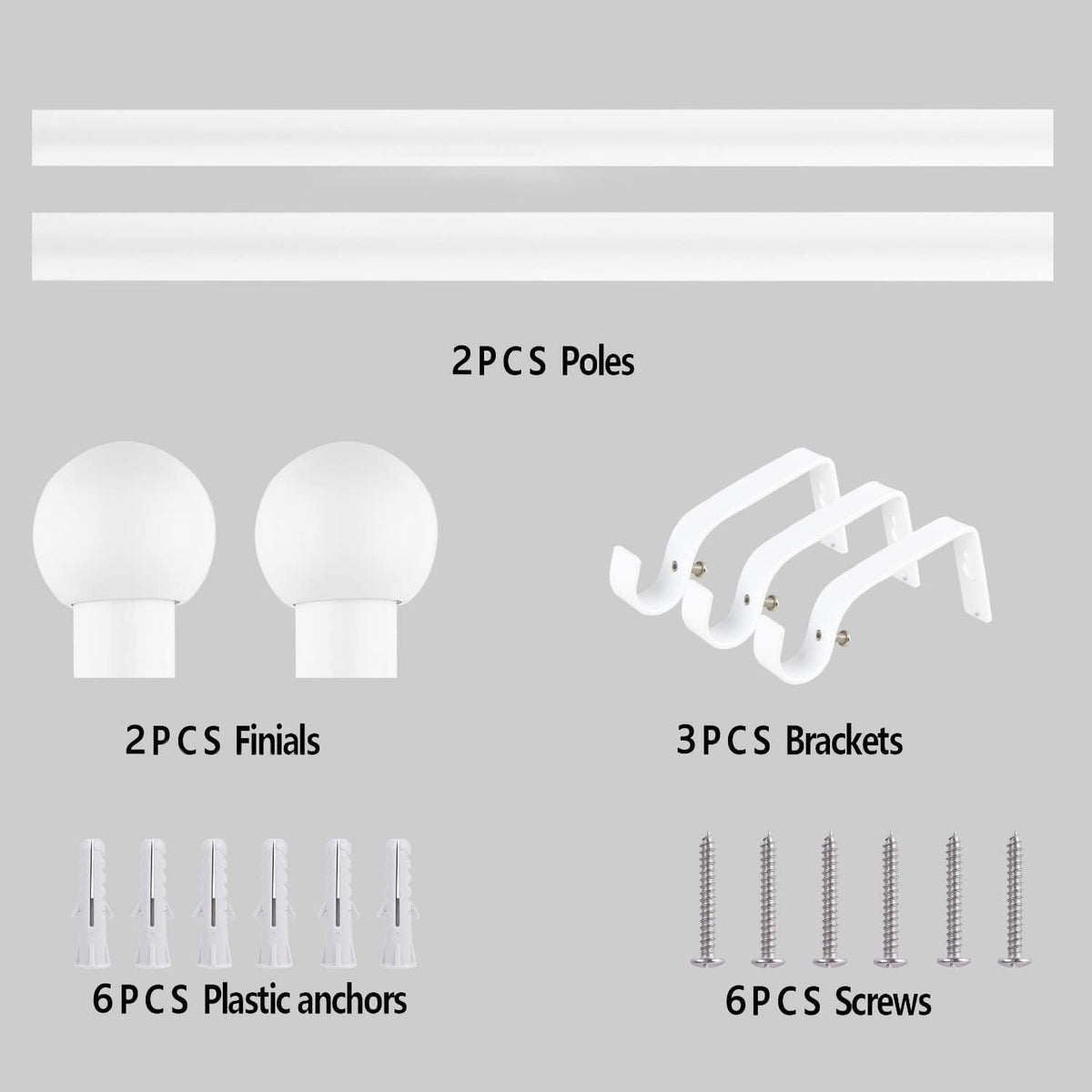 16/19mm Dia 120-210cm Extendable Curtain Pole Set, White, Ball Finials 48-84inch