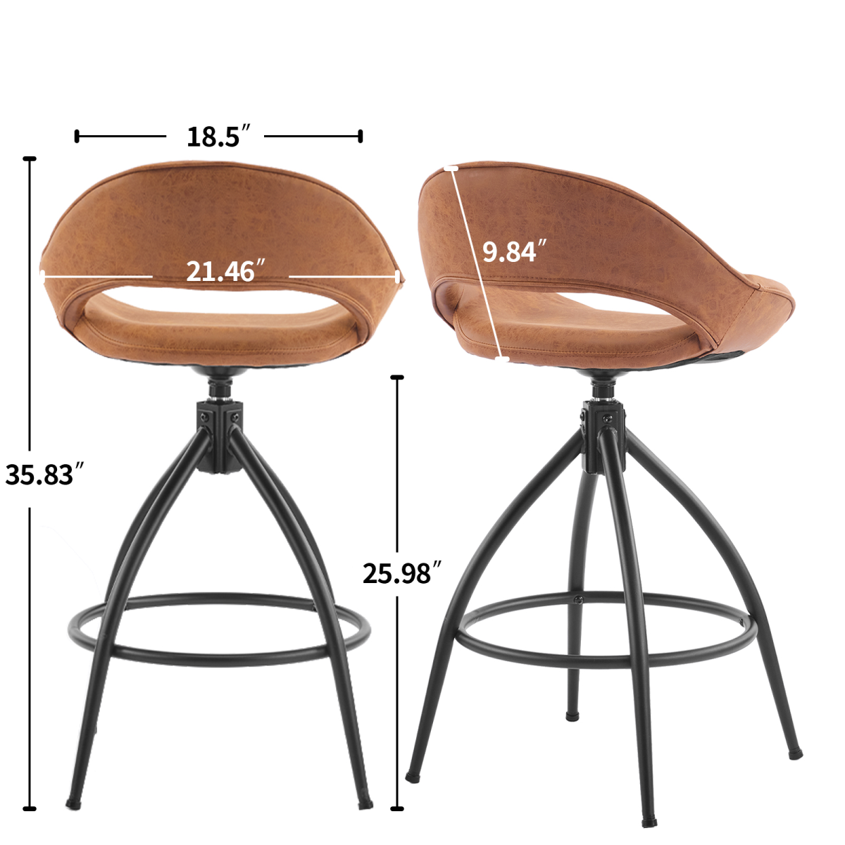 2pcs hollow backrest PU spray-coated bent iron feet bar stool brown with swivel