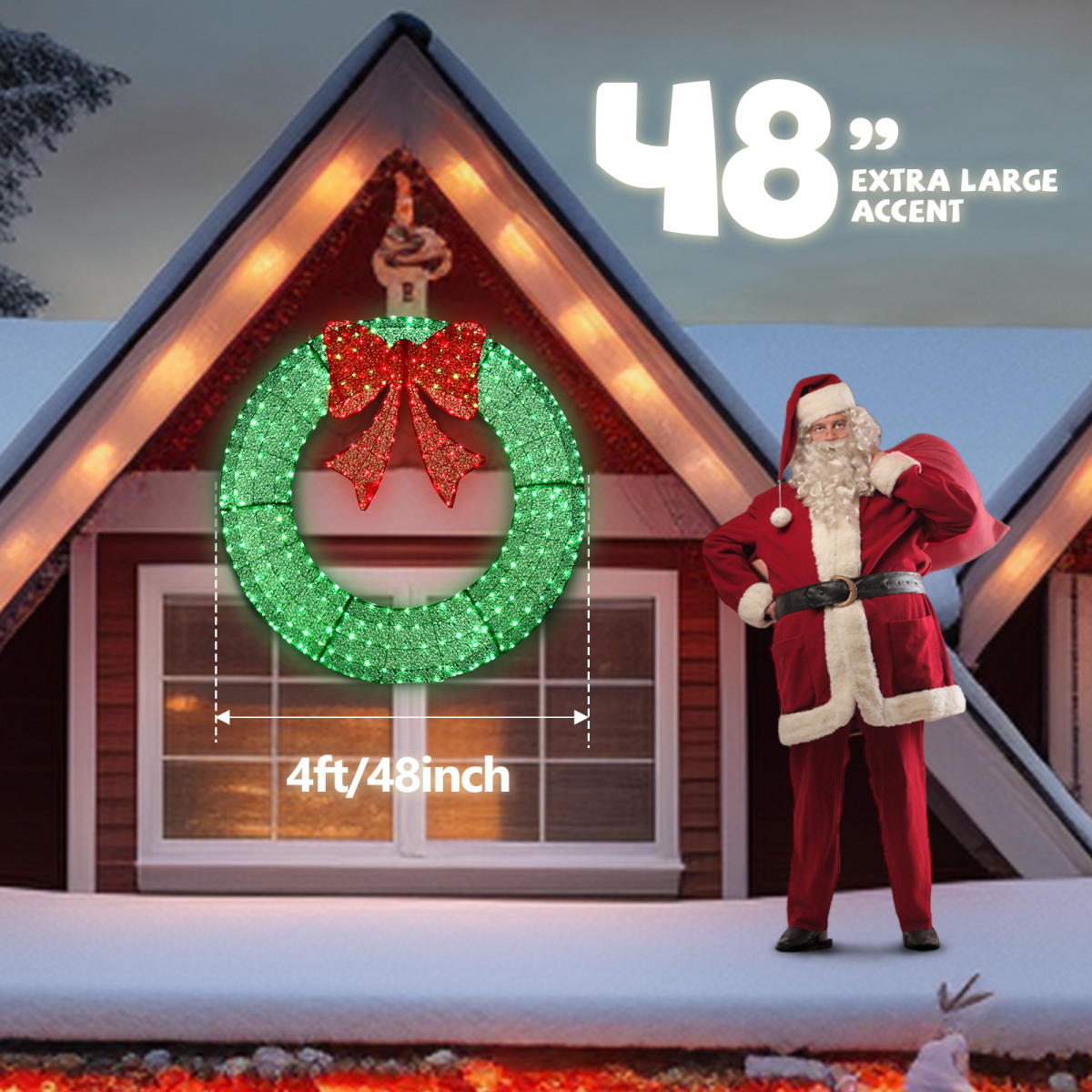 120cm Pre-lit Outdoor Christmas Wreath Decoration, Lighted Metal Wreath with Red Bow, Remote Control LED Lights with Timer, for Front Door Gate Wall Indoor Outdoor Holiday Party, Green