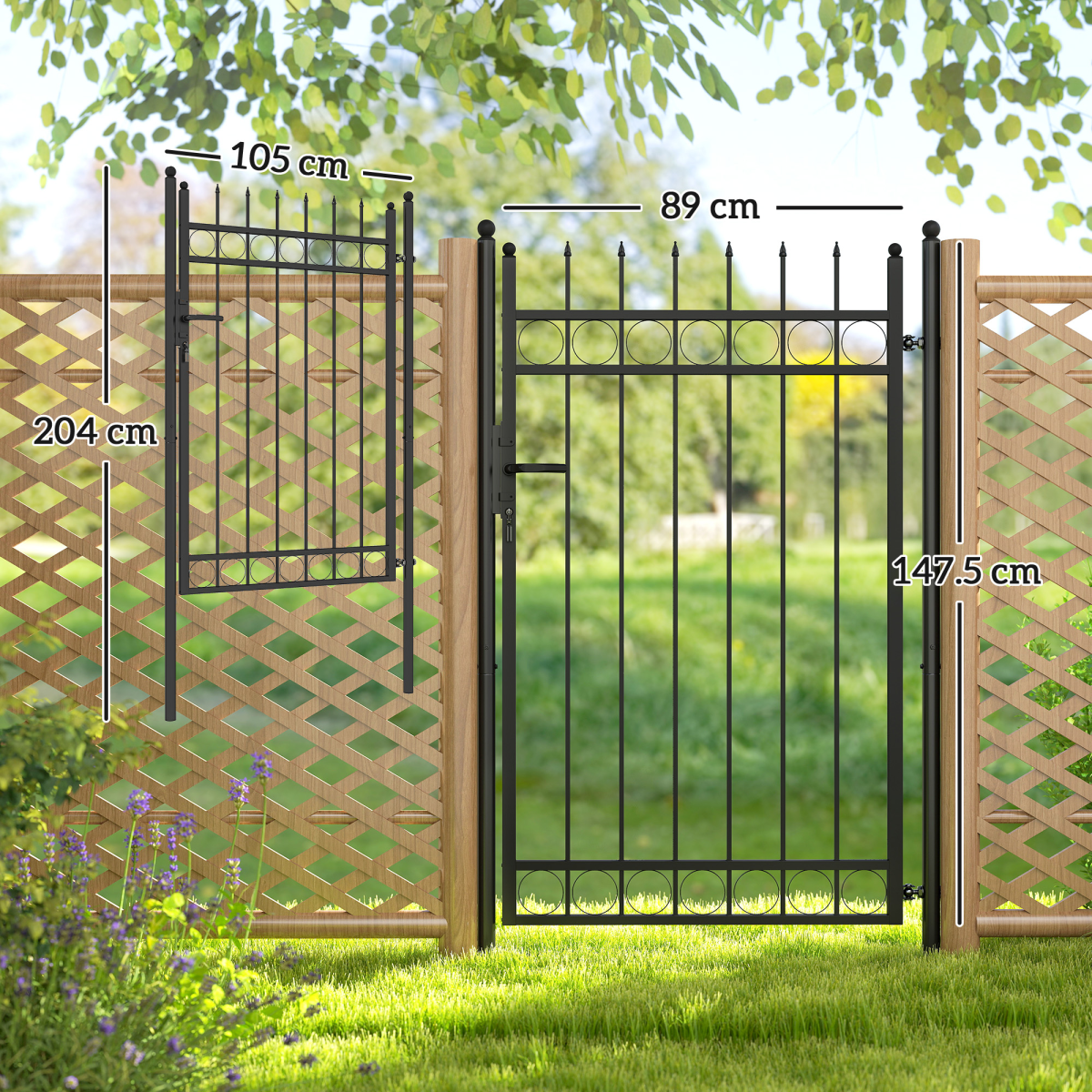 Outsunny Galvanised Steel Garden Fence Gate Security Barrier with Lock, Keys