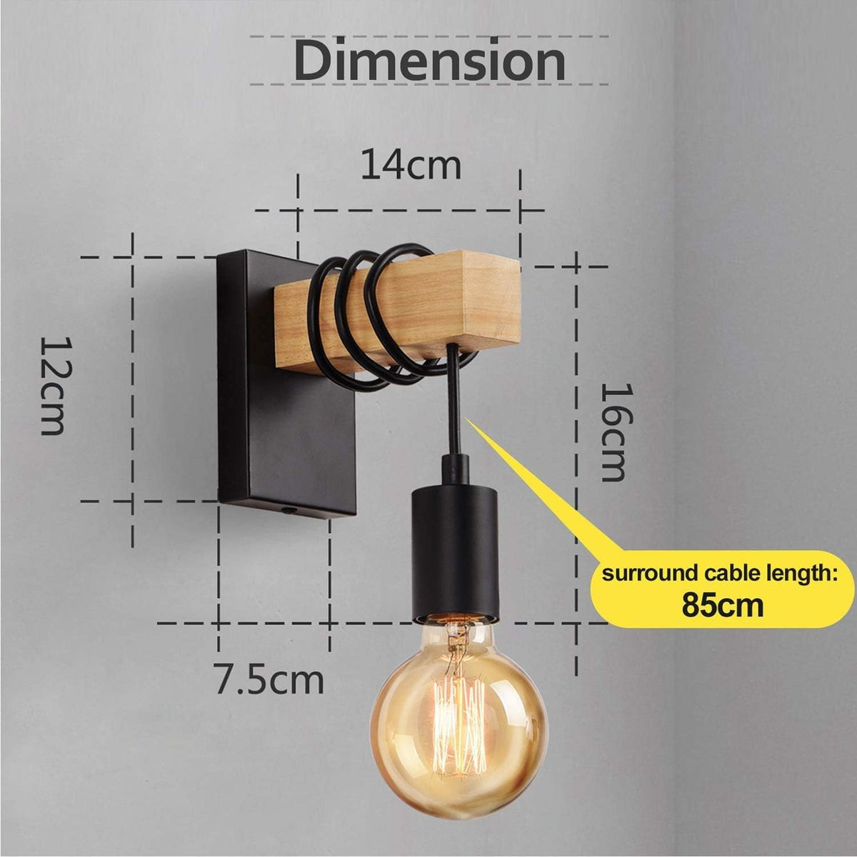 Wooden Wall Light 2 Pack Vintage Industrial E27 Rustic Sconce Black Lightess