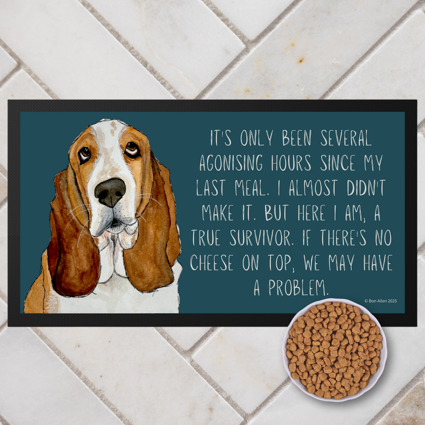 Basset Banquet Mat – The Drama of Dinner Time!