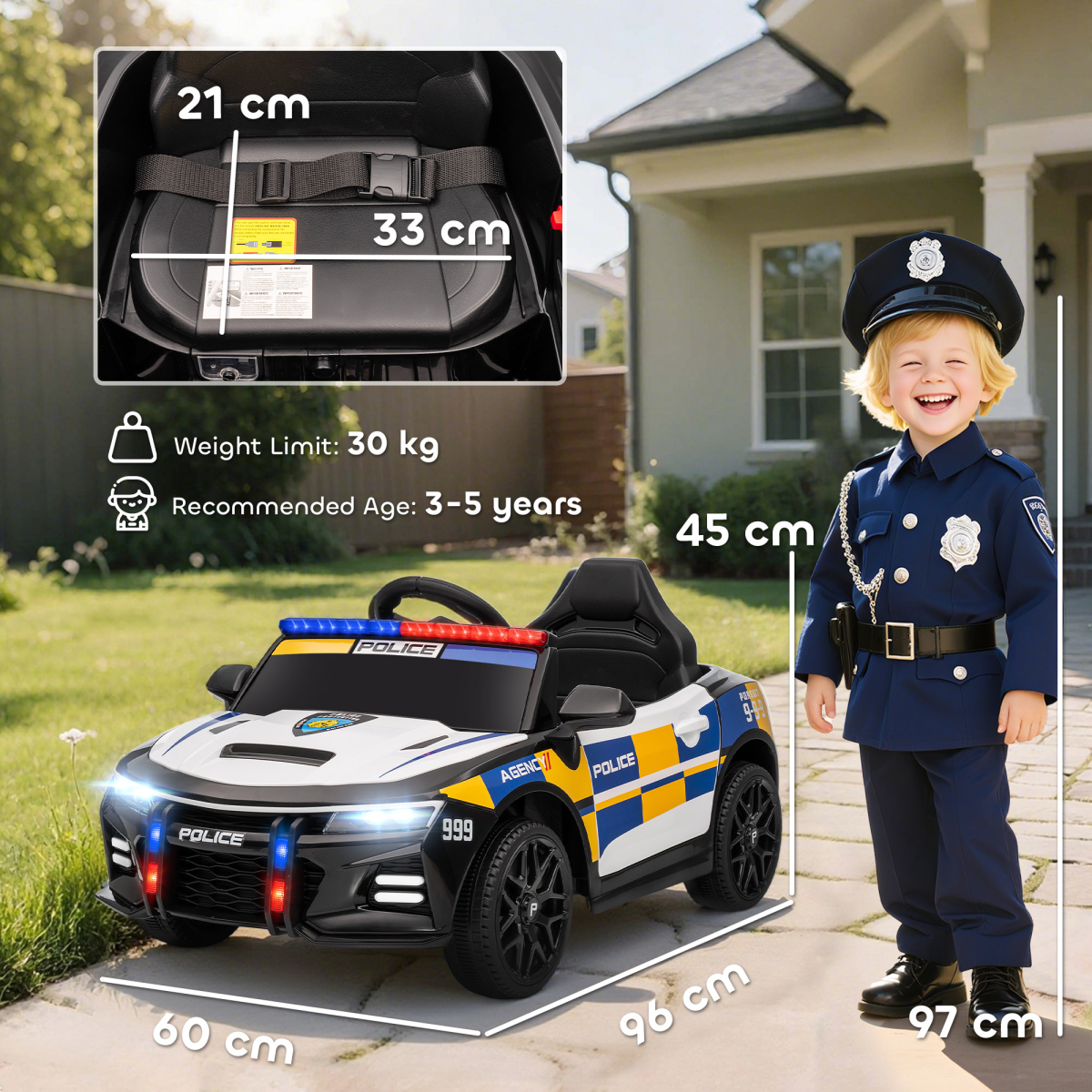 AIYAPLAY Kids Electric Ride pm Police Car with Remote Control, Multicoloured