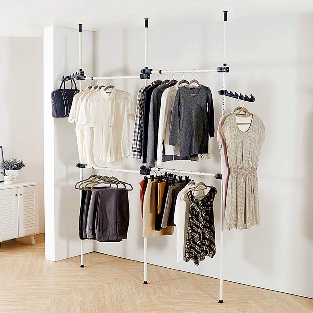 Telescopic Clothes Rail Adjustable Wardrobe Organiser 3 Poles 4 Bars Cocoarm