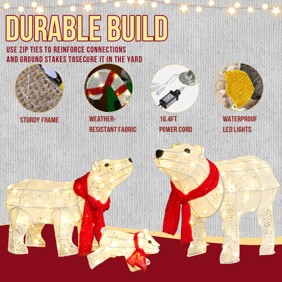 Set of 3 Lighted Polar Bear Family Christmas Decorations, Pre-lit Holiday Decor with 190 Warm White LED Lights for Xmas Outdoor Indoor Decor Lighted Holiday Displays, White