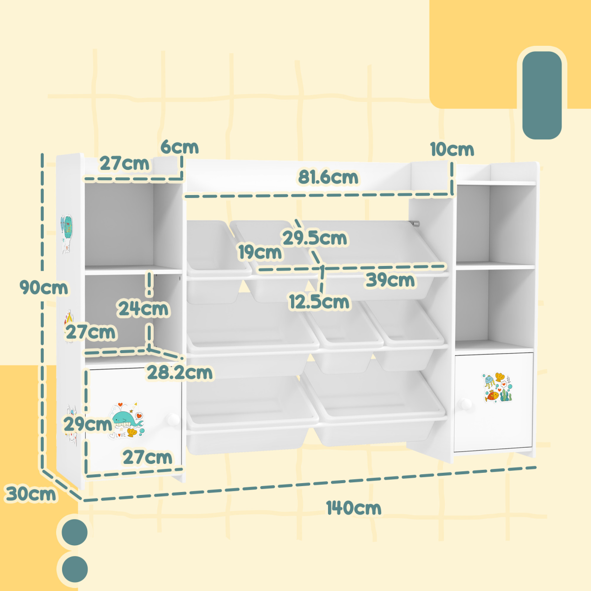AIYAPLAY Kids Toy Storage Organiser with 8 Removable Storage Bins, White