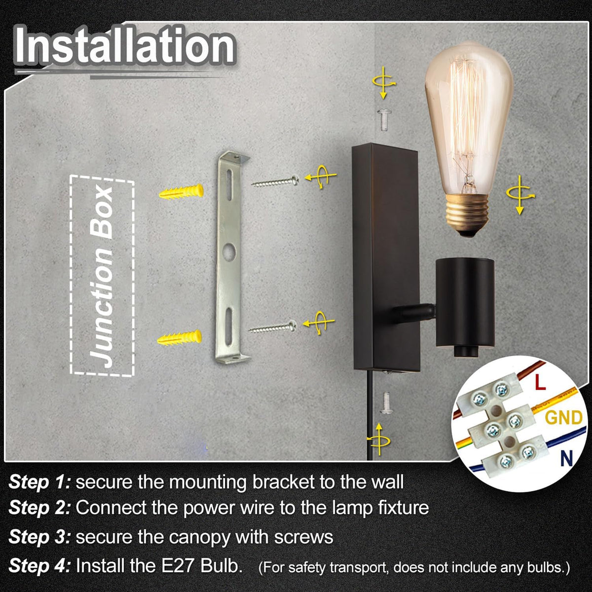 Lightsjoy 2-Pack Plug-In Wall Lights – Rotatable Black Industrial Sconces E27