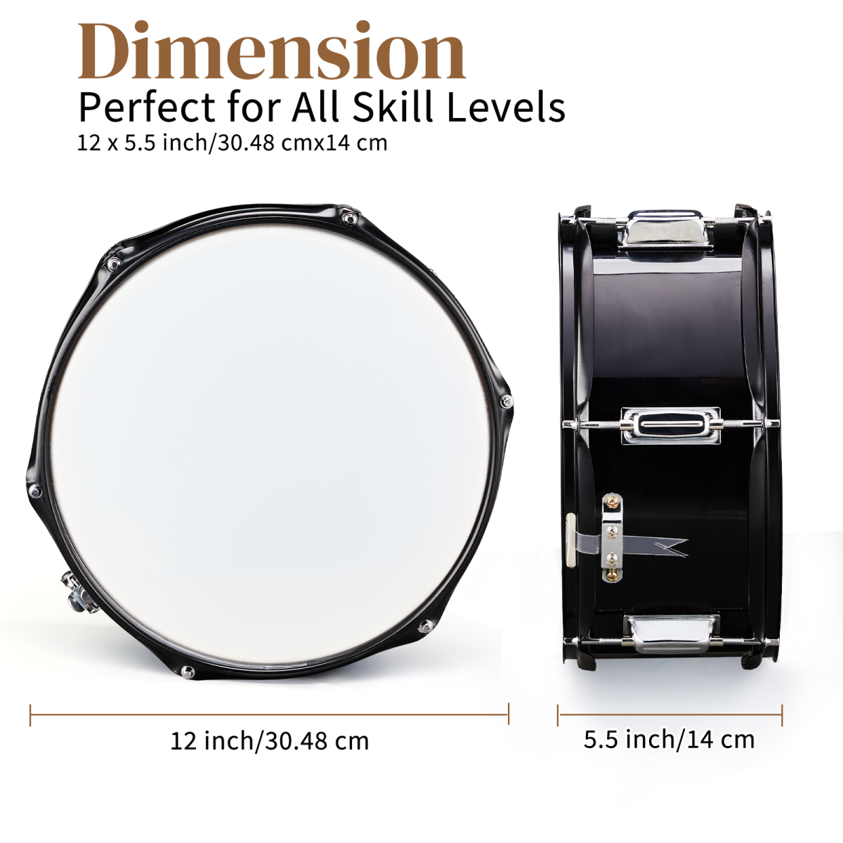 12 x 5.5 inches Professional Marching Snare Drum & Drum Stick & Strap & Wrench Kit Black