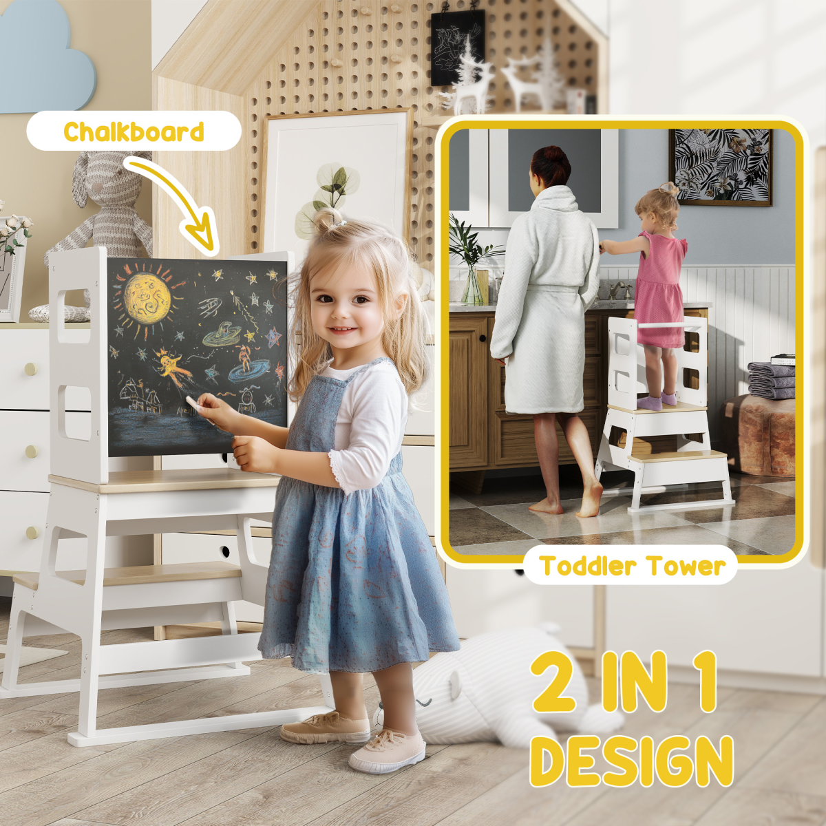 AIYAPLAY 2 in 1 Toddler Tower w/ Chalkboard, Safety Rail, for Kitchen, Sink