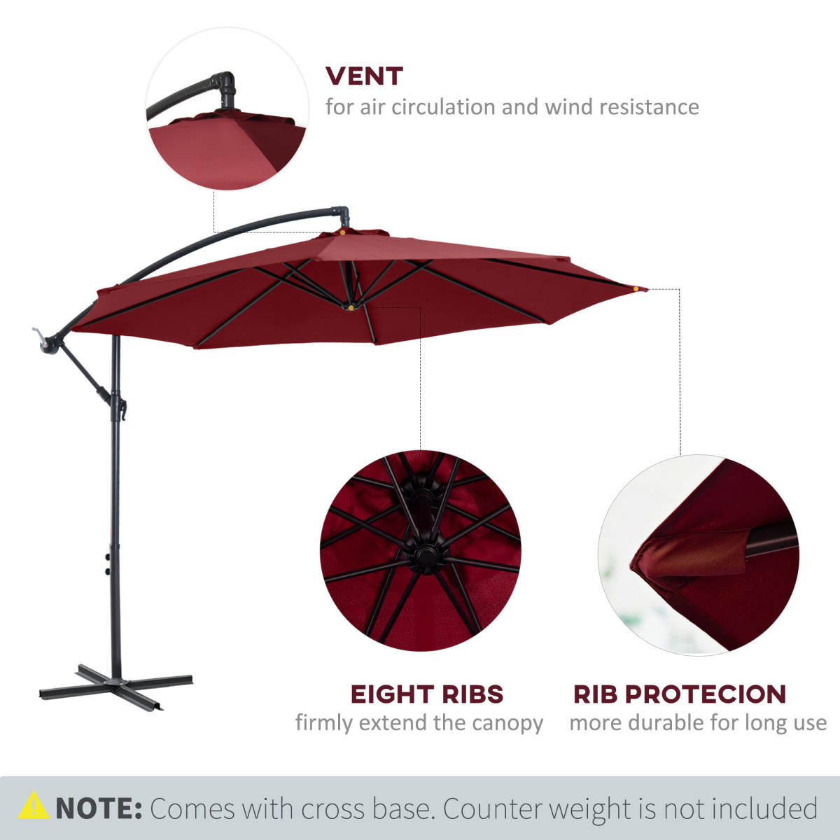 3(m) Garden Banana Parasol Cantilever Umbrella w/ Base, Wine Red Outsunny