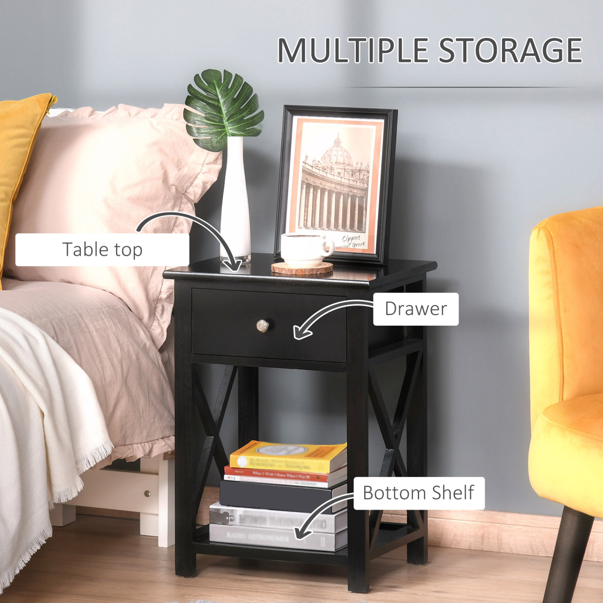 HOMCOM 55cm End Side Table w/ Drawer Shelf Home Storage Furniture Black
