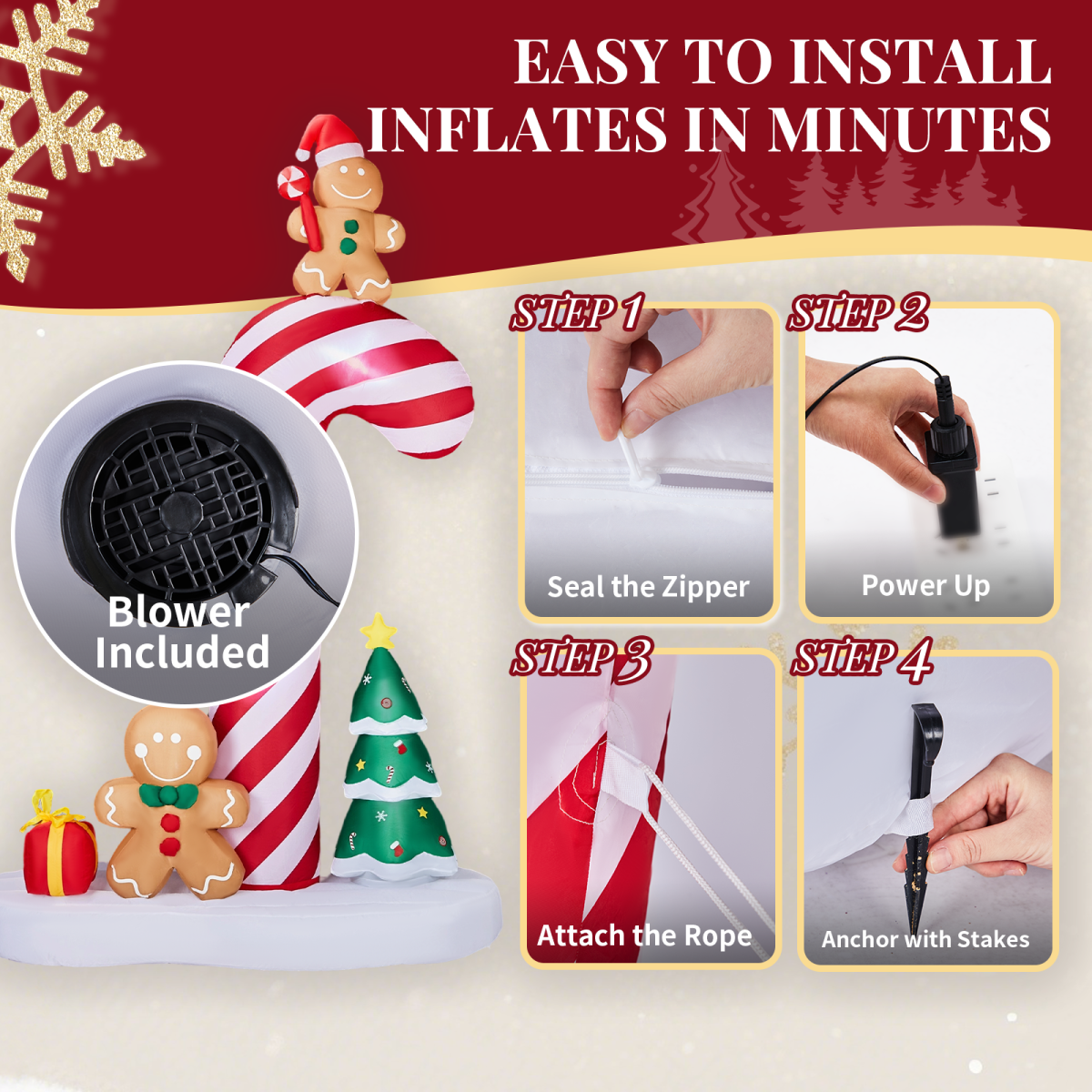 2.45M Lighted Christmas Inflatable Decoration, Inflatable Giant Candy Cane with Gingerbread Men, Funny Blow Up Yard Decorations with Built-in LED Lights for Holiday Party Front Yard Lawn Garden Decor