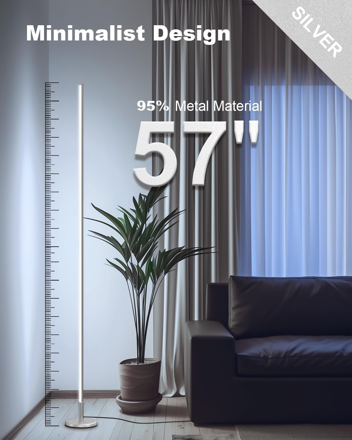 TACAHE Silver Corner Floor Lamp – Dimmable LED Mood Light with Remote, 57"