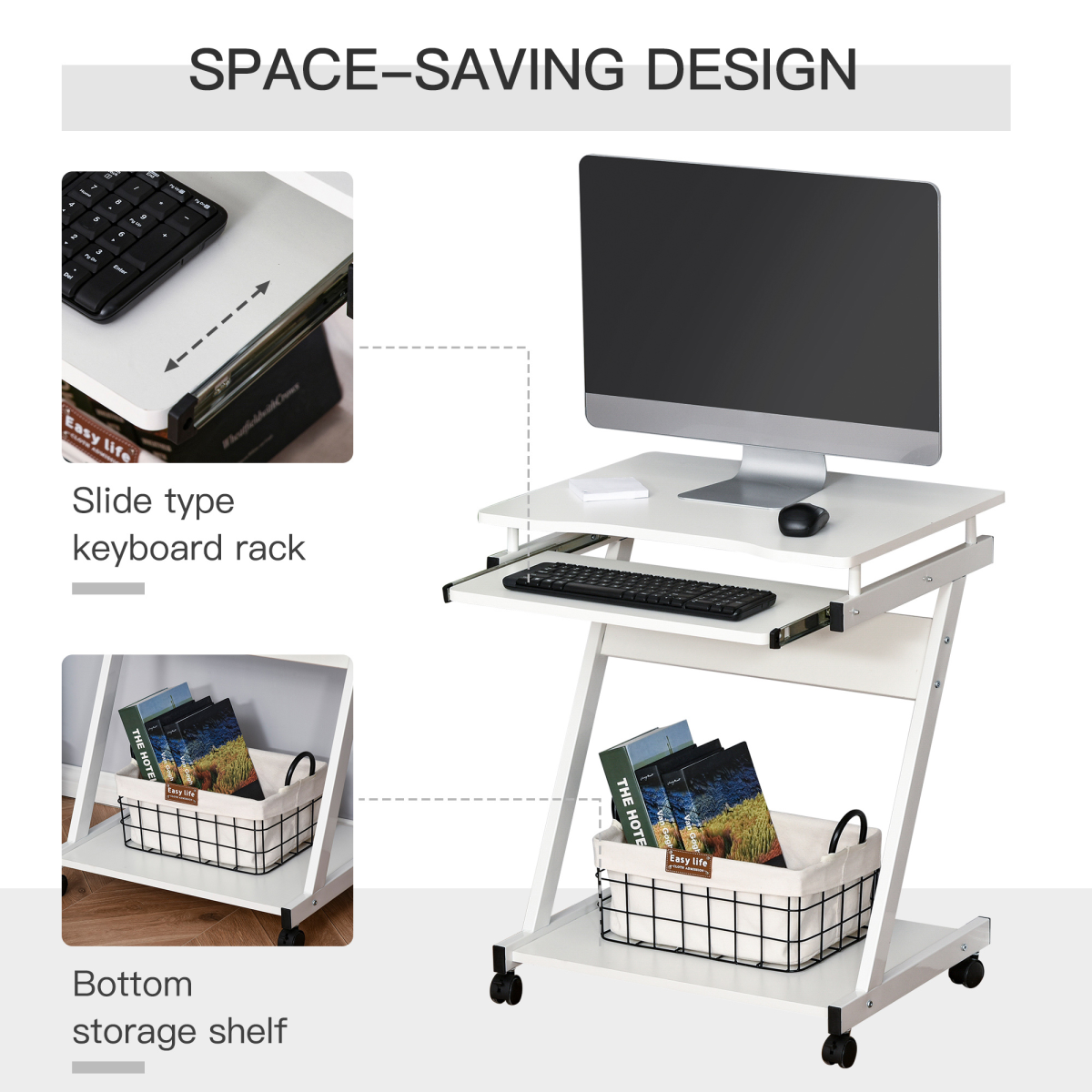 HOMCOM Movable Computer Desk with 4 Moving Wheels Sliding Keyboard Tray White