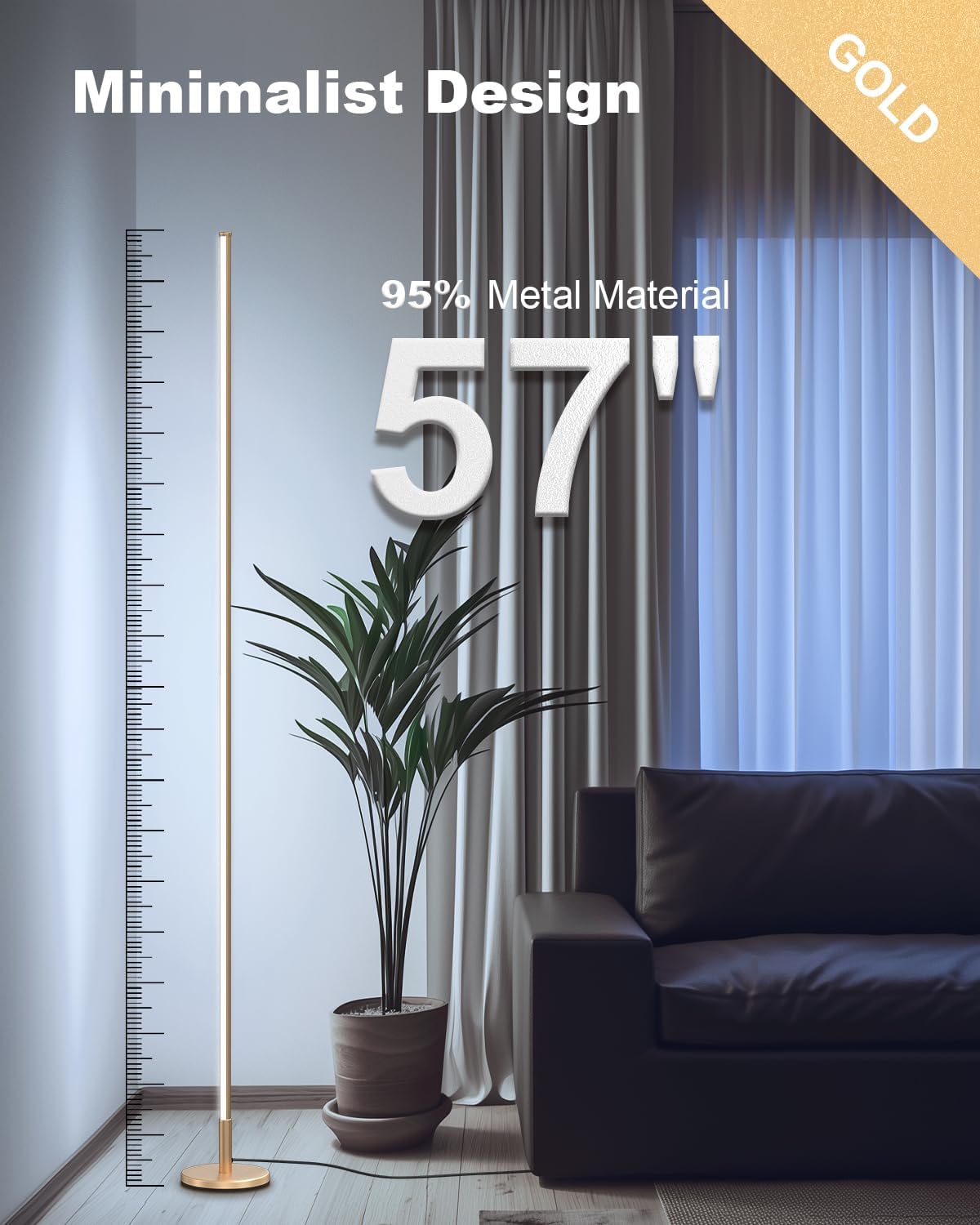 TACAHE Gold Corner Floor Lamp – Dimmable LED Mood Light with Remote, 57"