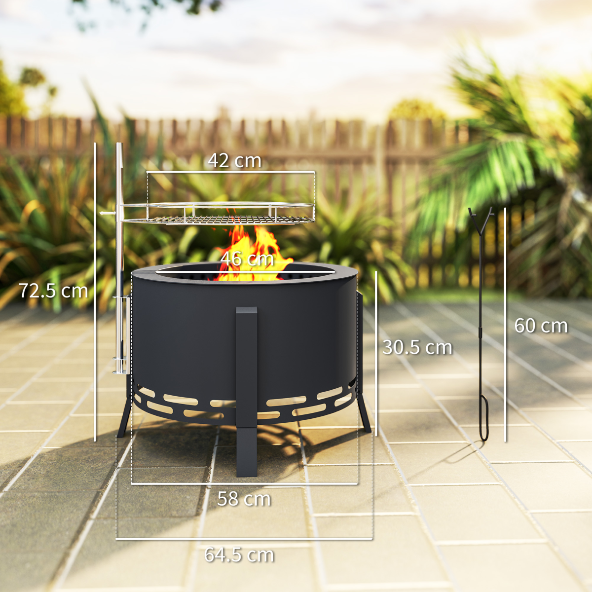 Outsunny Portable Fire Pit, 58 cm Round Firepit with Grill Grate, Black