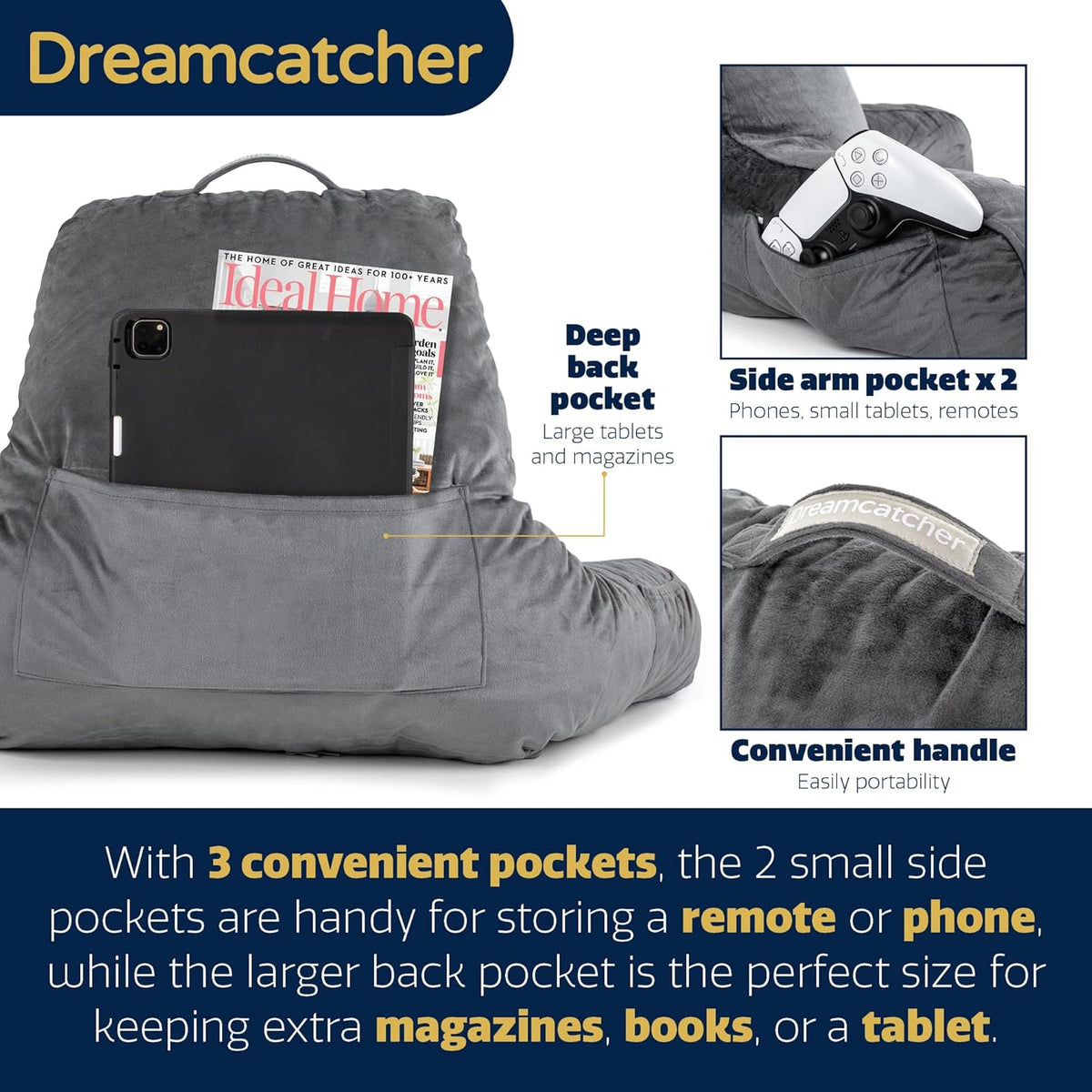 Grey Reading Pillow Memory Foam Cushion with Backrest Arm Support Dreamcatcher
