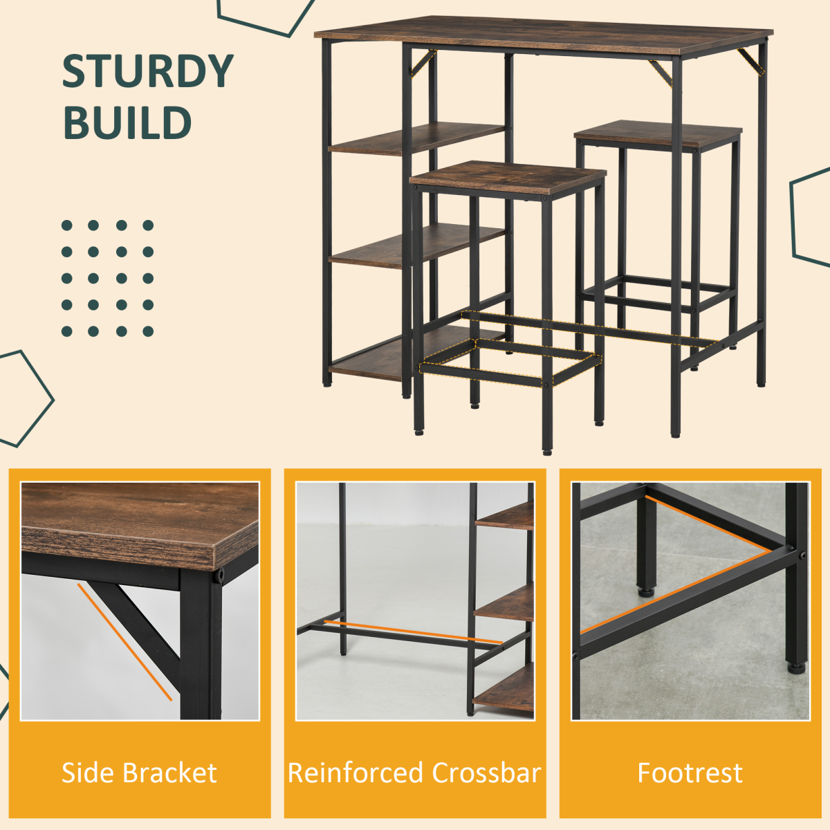3PC Industrial Bar Height Dining Table Set With 2 Stools & Side Shelf,