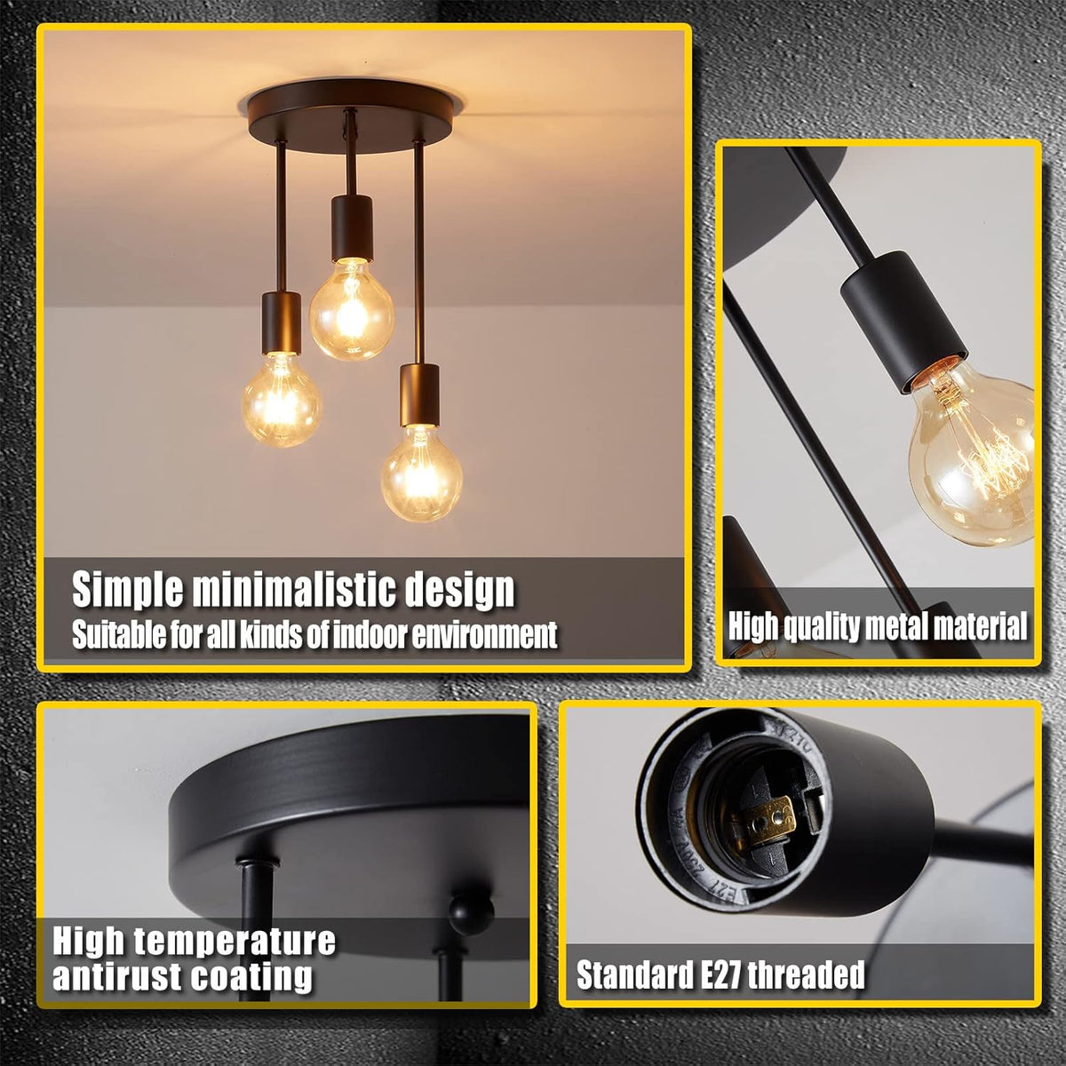 Lightsjoy 3-Way Black Ceiling Spotlight – Rustic E27 Pendant Light for Indoor