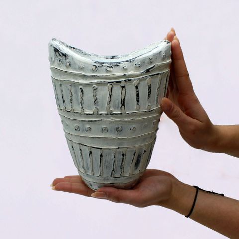 Wide Neck Shaped Dry Flowers Vase - Cream 22cm