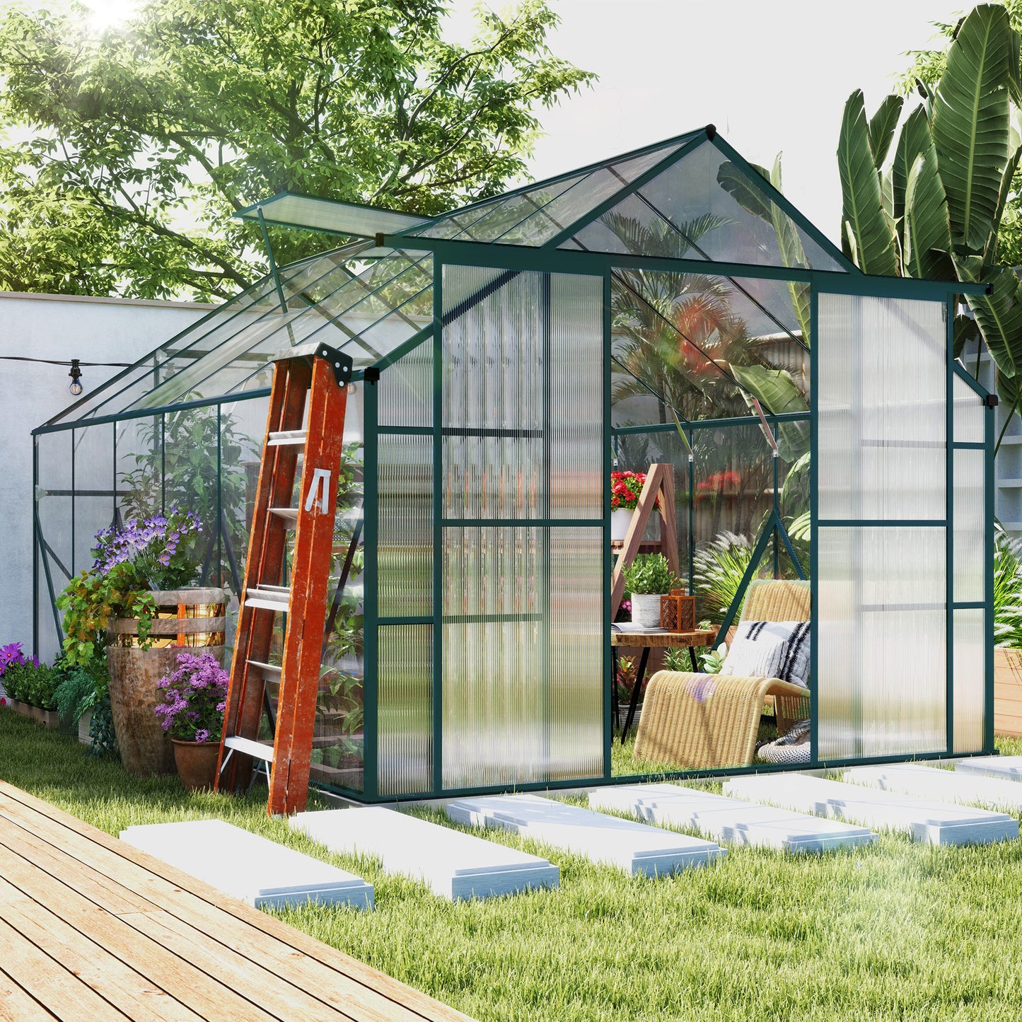 8x12ft Polycarbonate Walk-in Greenhouse Outdoor Double Sliding Door Outsunny