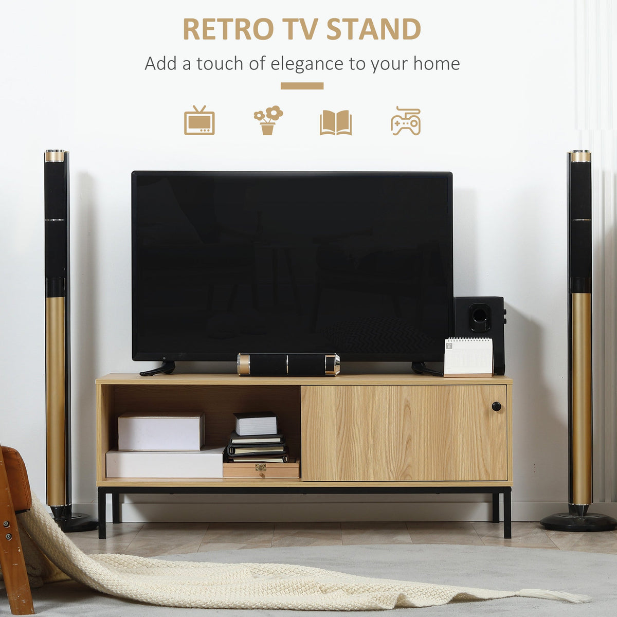 HOMCOM TV Stand Cabinet with Sliding Door for Living Room Natural