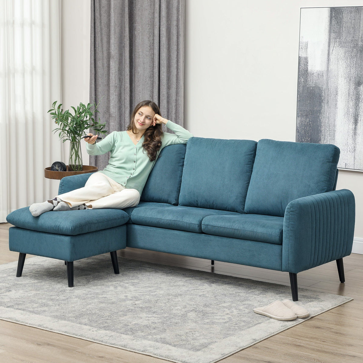 HOMCOM 3 Seater Corner Sofa Couch Settee with Chaise Lounge, Blue
