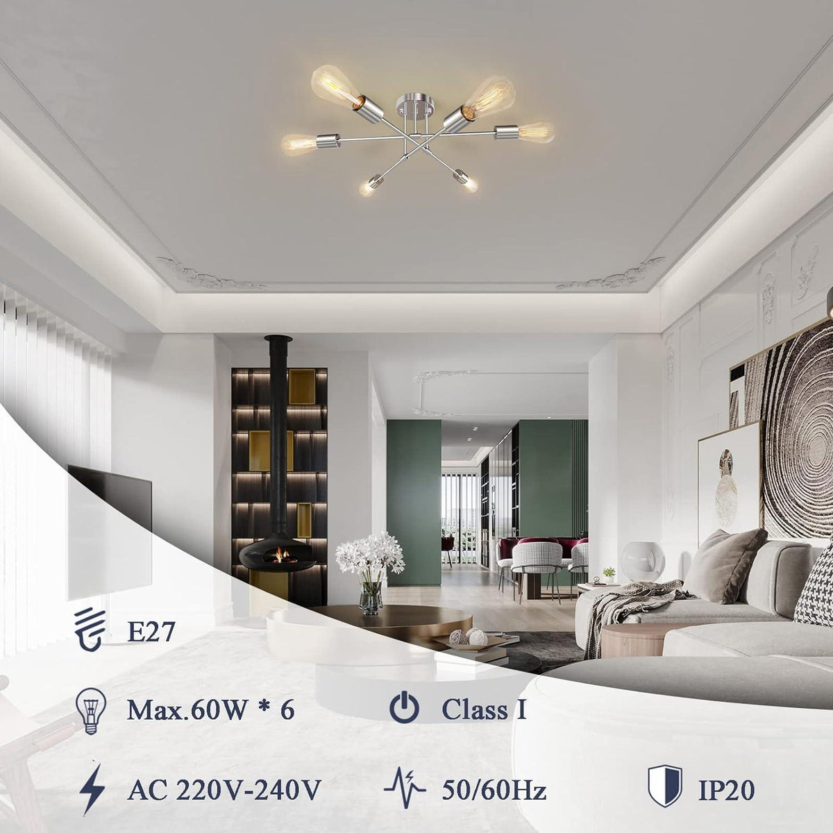 Sputnik Ceiling Light Chrome Metal 6 Light Semi Flush E27 Modern JHLBYL