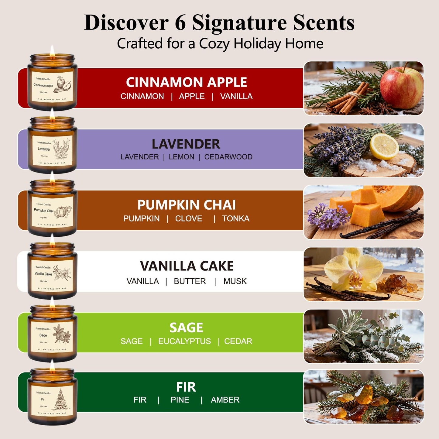 6 Pack Winter Candles – Soy Scented Gift Set with Cinnamon Apple, Pumpkin Chai & Vanilla