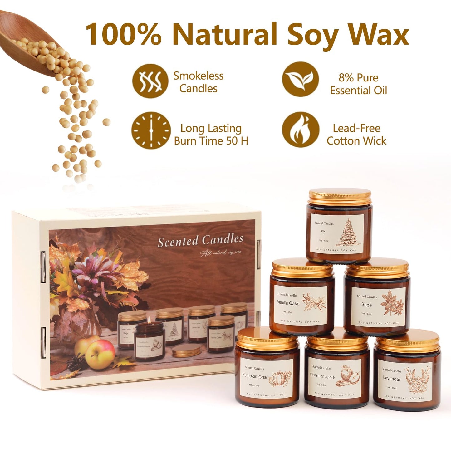 6 Pack Winter Candles – Soy Scented Gift Set with Cinnamon Apple, Pumpkin Chai & Vanilla