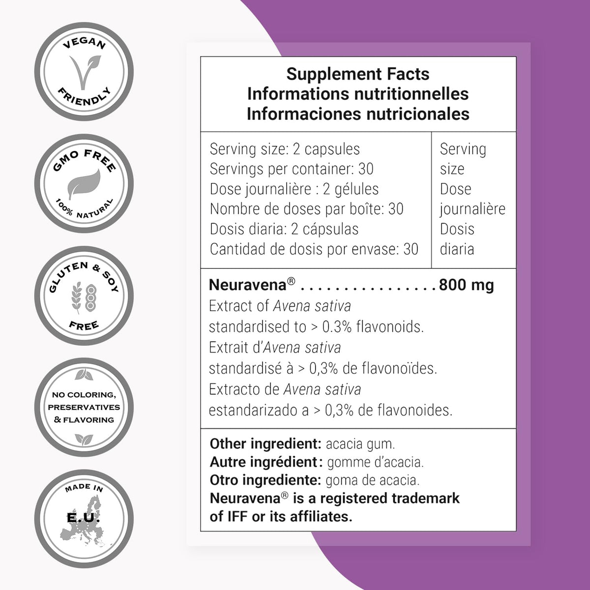 Supersmart Natural Dopamine Support 800 mg Daily – Neuravena Avena sativa 0.3% Isovitexin | Brain Supplement | Non-GMO & Gluten Free | 60 Vegetarian Capsules