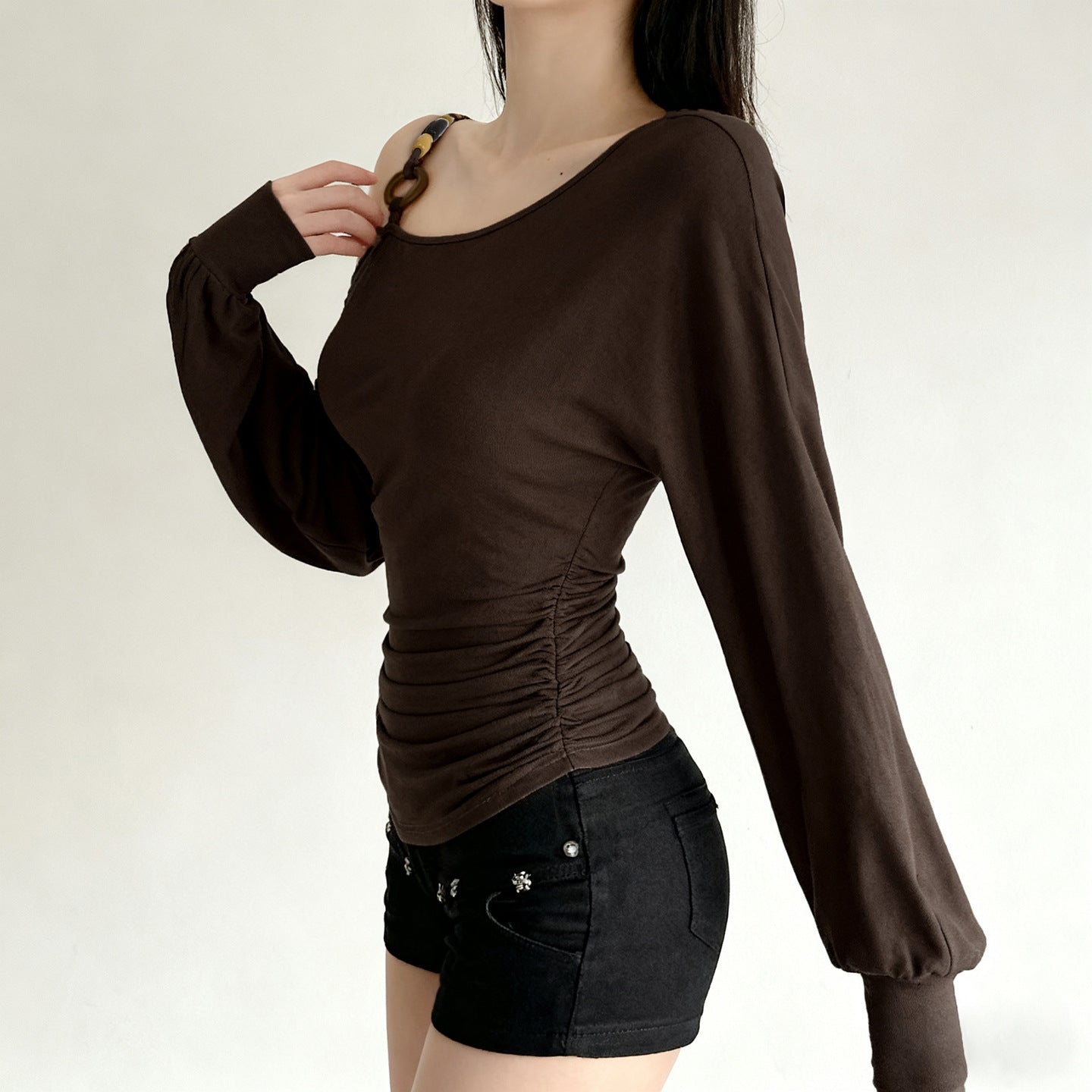 Vintage Off-shoulder Beaded-strapped Lantern-sleeve T-shirt
