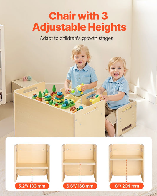 Montessori Weaning Table and Chair Set - Wooden Toddler Table with 2 Chairs, Adjustable Height Montessori Activity Table | Ideal for Reading, Eating, and Playing - Natural