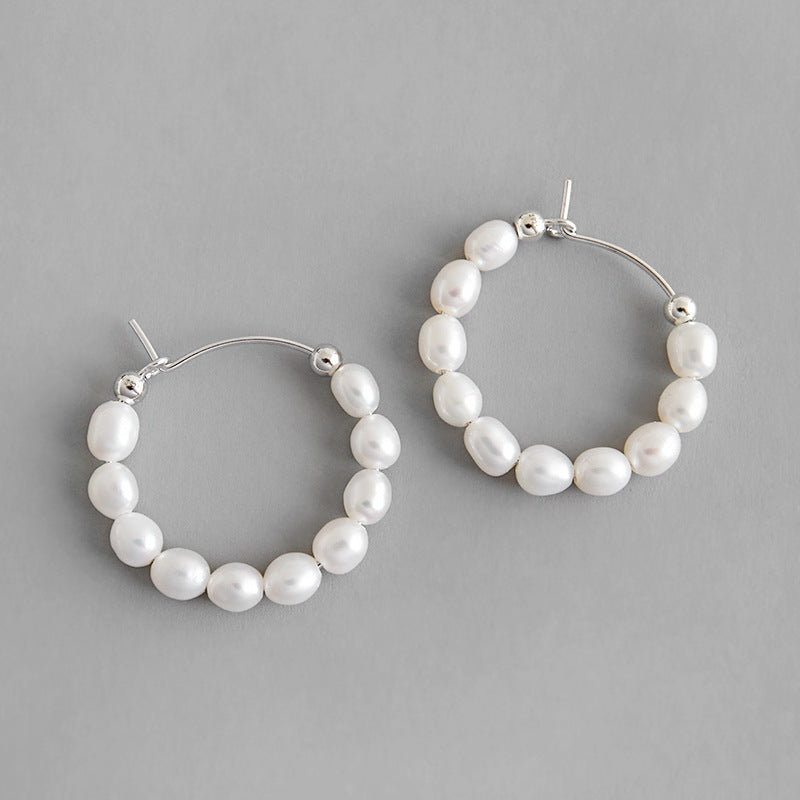 Elegant Natural Pearls Circles Hoop Earrings - Palladium-Plated Silver Pearl Earrings for women - Perfect Pearl Earrings with Gift Wrapping Included